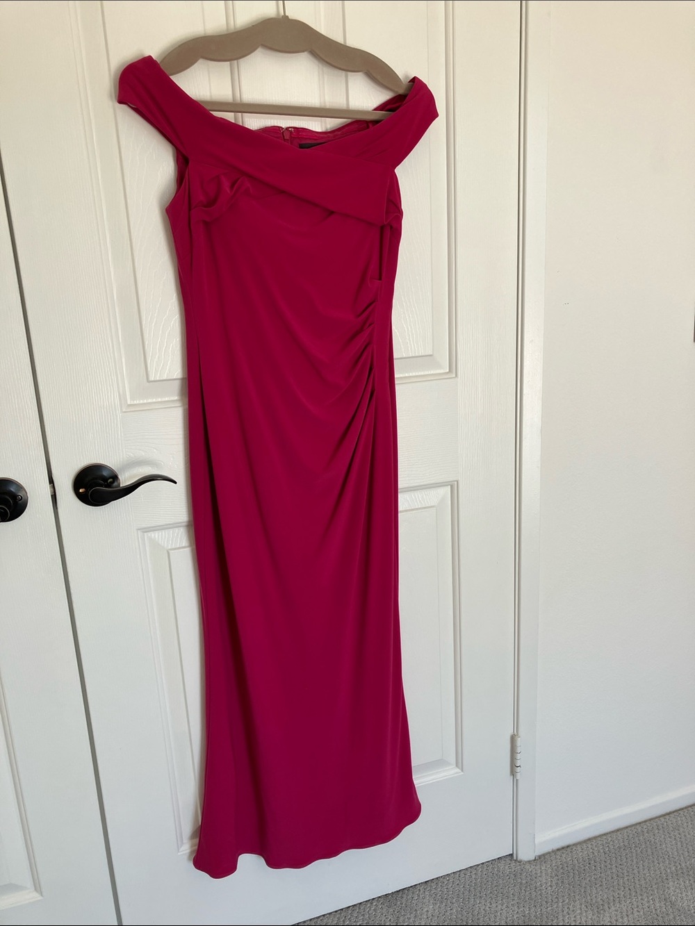 Adrianna Papell Off-Shoulder Maxi Dress in Fuchsia Pink
